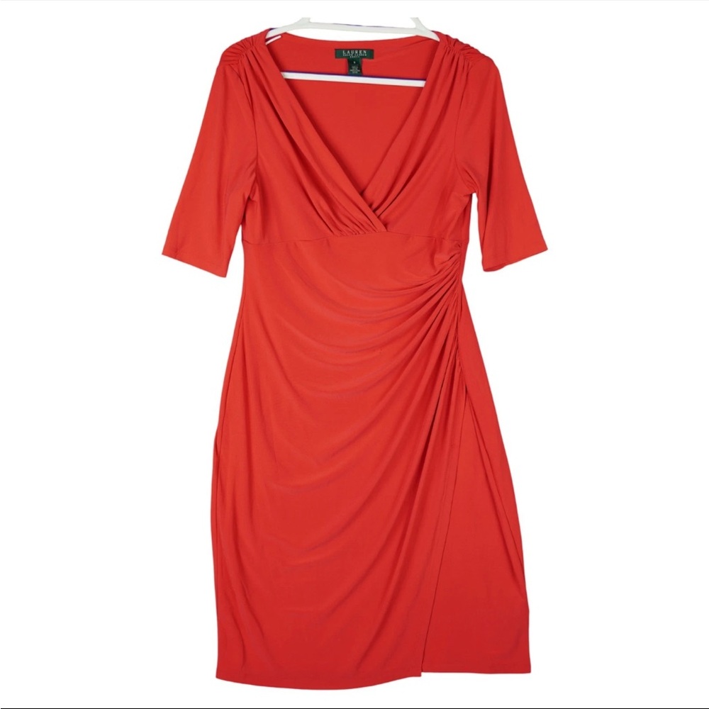 Lauren Ralph Lauren Body Con Dress Sz 8 Red Short Sleeve Stretch Ruched Party